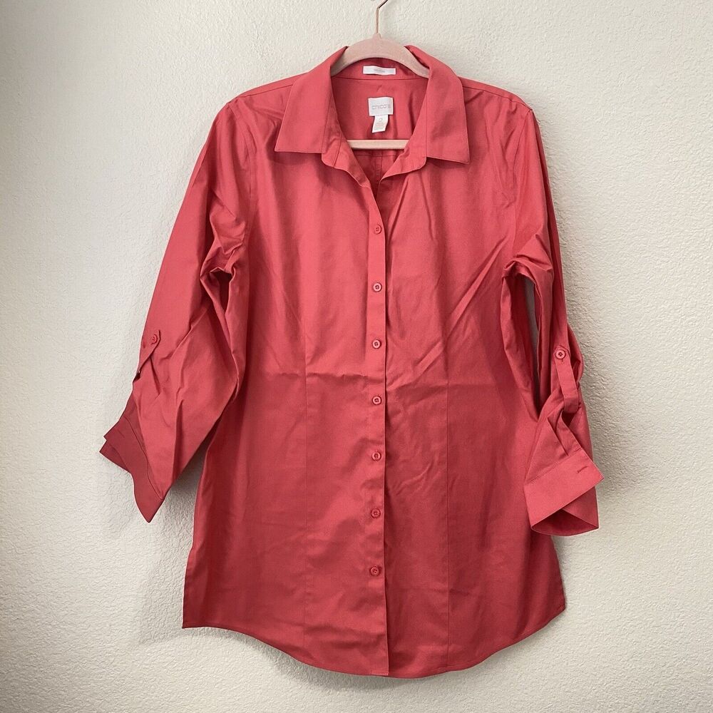 Chicos Shirt Womens Size Large 2 No Iron Cotton Salmon Roll Tab Sleeve